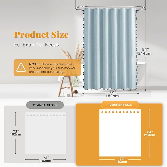 Boho Scalloped Linen Textured Cloth Shower Curtain, 72x84, Fog Blue | Tall Size, 230GSM Waterproof Polyester, Heavy Duty Fabric, 12 Plastic Hooks, Elegant Modern Farmhouse Style, Machine Washable