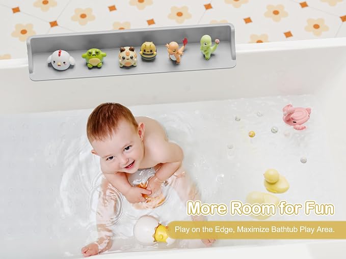 Cushore 3-Ft Bathtub Splash Guard PlayPad with Strong Suction Cups, Toy Tray Caddy Holder Storage, No-Leak, Mess-Free Bath Time for Kids, Grey
