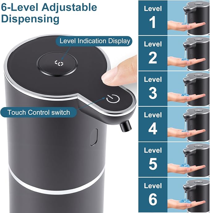 Automatic Soap Dispenser, Hand Soap Dispenser 12.8oz/380ml Smart Rechargeable, Liquid Touchless Soap Dispensers with 6-Level, Wall Mounted or Countertop Dish Soap Dispensing for Bathroom & Kitchen