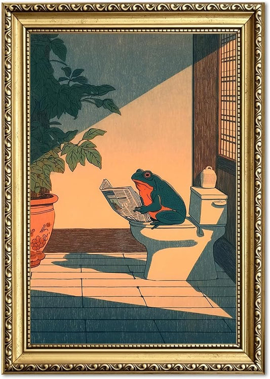 Funny Frog Bathroom Wall Art, Cute Japanese Frog in Toilet Wall Decor, Whimsical Green Animal Restroom Poster Canvas Painting Prints Artwork 12x16 inch Gold Framed