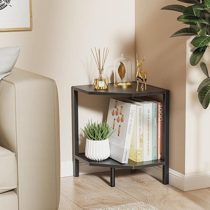 Creso hom Corner Shelf Stand, 2 Tier Industrial Corner Bookshelf | Multipurpose Standing Corner Display Shelf Countertop Organizer for Living Room Kitchen Bedroom Office, Black