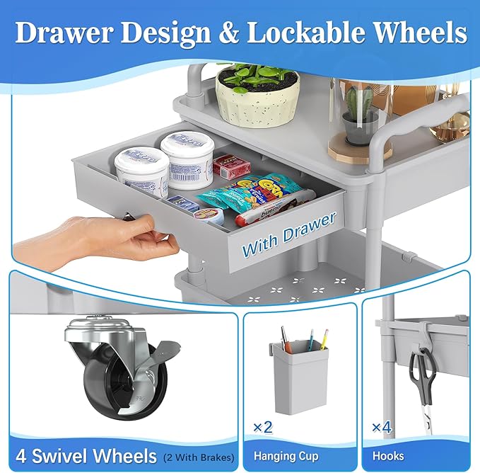 SUNALLY 3 Tier Rolling Cart with Drawer, Craft Storage Cart Organizer, Gray | Bathroom Storage Organizer with 2 Lockable Wheels, Rolling Utility Cart for Kitchen, Office, Baby, Makeup, Nail,Snack,Laundry