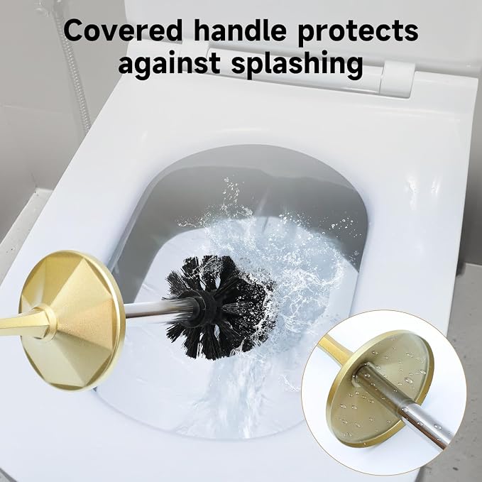 Gold Toilet Brush and Holder，Extra Long Handled Toilet Brush for Bathroom，Stainless Steel Heavy Duty Toilet Bowl Brush,Deep Cleaning Modern Toilet Cleaner Brush -Space Saving, Covered Brush, Durable