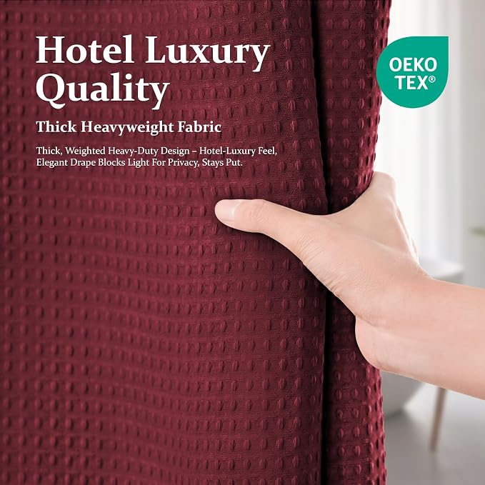 Extra Long Waffle Shower Curtain 256 GSM Fabric 72"x84" Burgundy | 84 Inch Long, Thick Polyester Cloth, Weighted Hem, Water Repellent, Washable, Tall Hotel Bathroom Shower Curtain Set 12 Hooks
