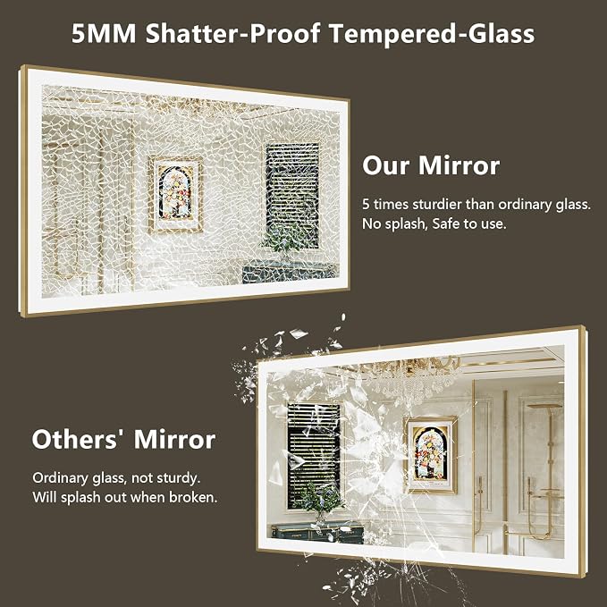 72x32 LED Bathroom Mirror with Lights, Gold Framed Lighted Mirror | Backlit and Front light, Anti-Fog, 3 Color Dimmable, Memory, Tempered Glass, IP54 Waterproof, UL Listed