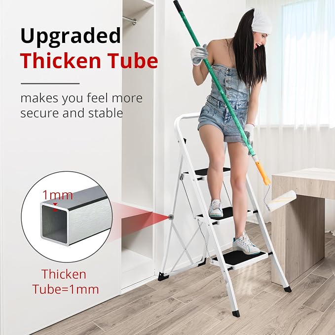 HBTower Step Ladder Folding Step Stool for Adults | 3 Step Ladder with Anti-Slip Pedal, 330 lbs Capacity for Kitchen, Home, White