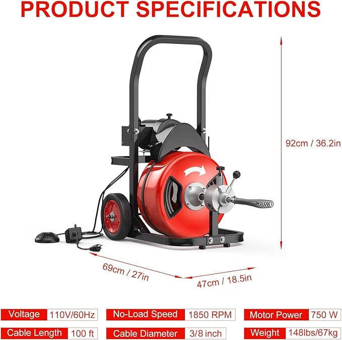 100Ft 3/4 Inch Drain Cleaning Machine. Sewer Snake 750w Auto Feed | Portable Drain Cleaning Machine Electric Drain Auger Sewer Auger with 6 Cutter Air-Activated Foot Switch for 4" to 8" Pipes