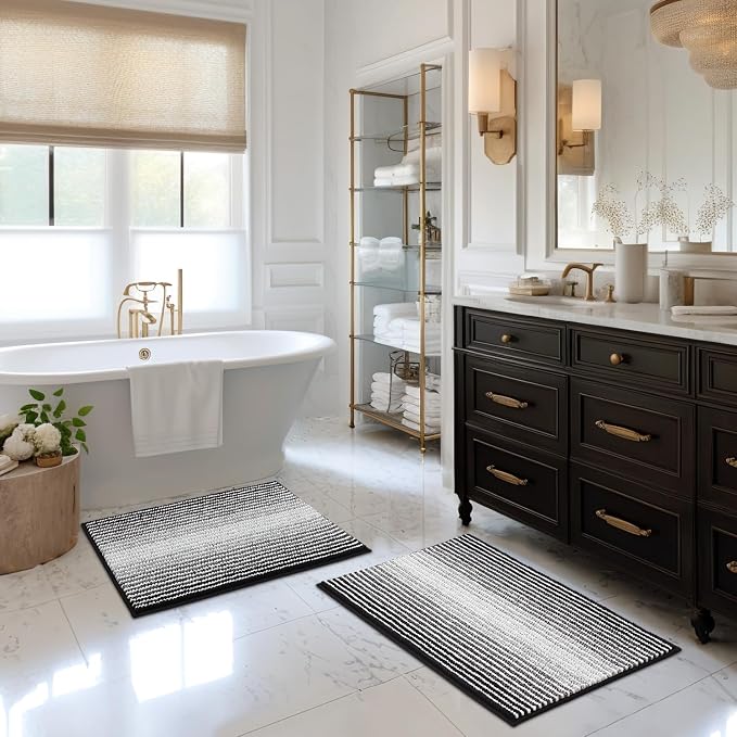 Bathroom Rugs and Mats Sets, 2 Piece Thick Absorbent Chenille Bath Mat Set Non Slip, Soft Shaggy Bath Room Floor Mats , Machine Washable (20" x 32" Plus 16" x 24", Black)