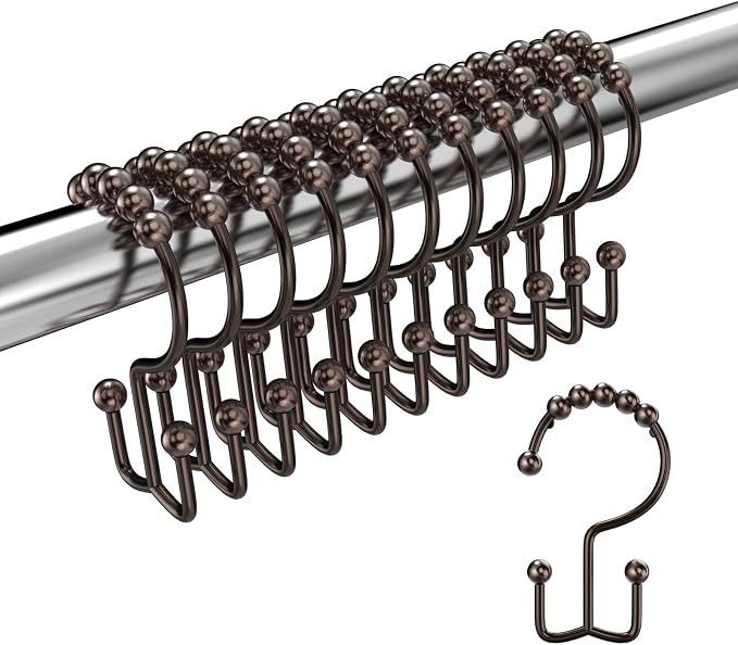 Bronze Shower Curtain Hooks Double Sided with Roller Balls | for Bathroom Rods, for Shower Curtain and Liner, Smooth Gliding, Rustproof Metal, Set of 12 Hooks