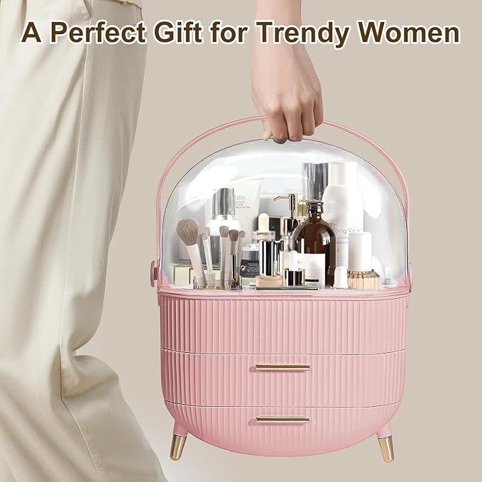 Makeup Organizer for Vanity, Large Capacity Skincare Organizer Countertop | Cosmetics Organizer with 2 Drawes, Cosmetic Display Cases Makeup Storage Box for Bedroom, Bathroom, Gifts for Women(Pink)