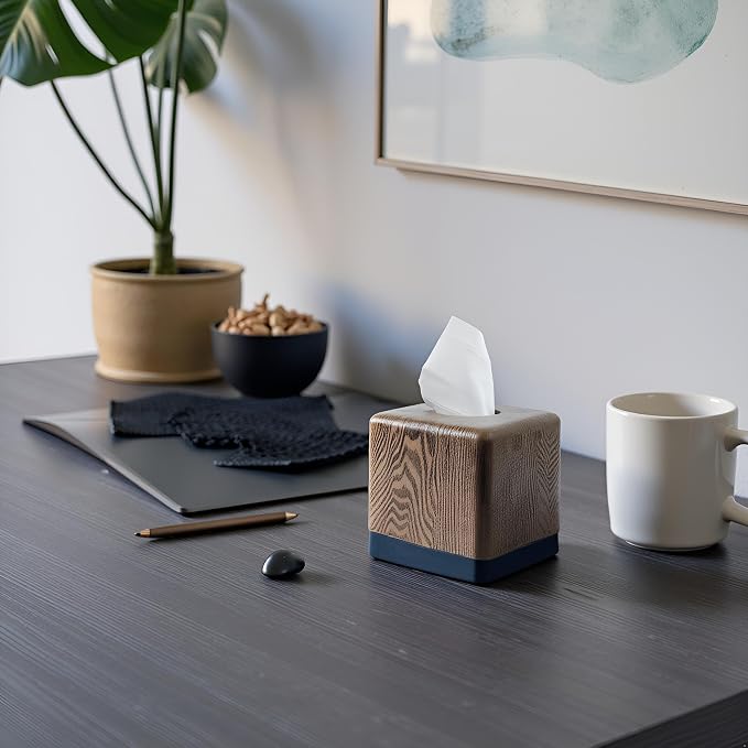 Hymmah Wooden Texture Square Tissue Box Cover Cube Tissue Holder Unique Design Klenex Box Dispenser for Bathroom Vanity Counter Tops Also Great for Bedrooms and Living Rooms