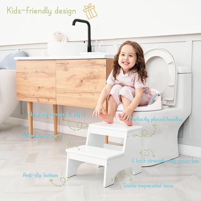 Forbena Wood Toddler Step Stool for Bathroom Sink, White Kids Toilet Step Stool for Potty Training, Small Child Baby Girl Boy 2 Stepping Stool with Handle for Kitchen Counter Nursery Bedroom Closet