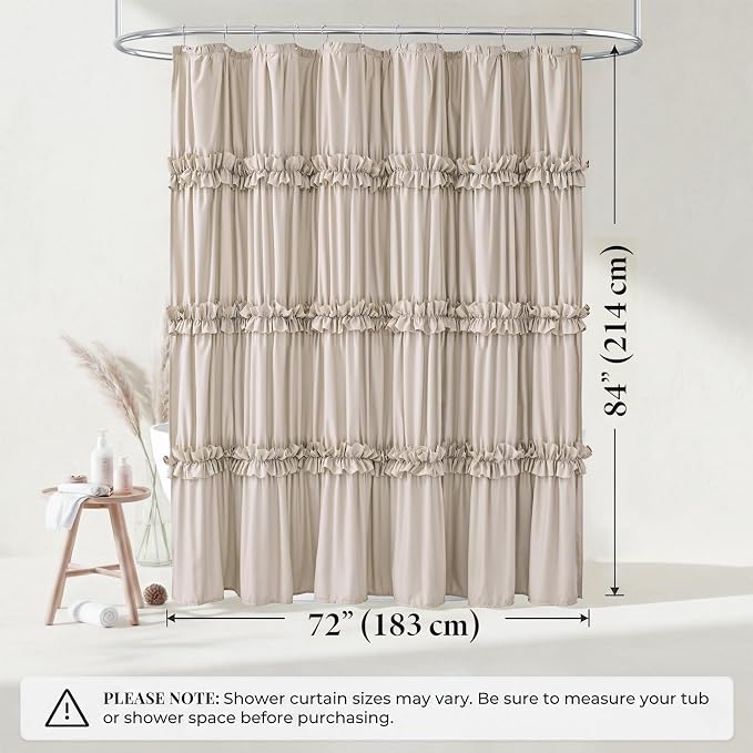 LIPA Extra Long Boho Shower Curtain Rustic Ruffle Shower Curtain with Ruched & Bow Vintage Farmhouse Shower Curtains for Bathroom Bohemian Bathroom Decor(Beige,72x84 Inches)