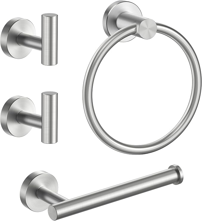 FORIOUS Bathroom Accessories Set, 4-Piece Bathroom Hardware Set | Brushed Nickel | SUS304 Stainless Steel Towel Ring, 2 Towel Hooks, and Toilet Paper Holder Wall Mounted