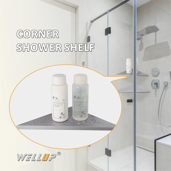 WELLUP Corner Shower Shelf Brushed Nickel 2 Pack,10" Shelf for Tiled Wall | 304 Stainless Steel Shower Corner Shelf,Corner Shower Shelf for 90°Tiled Wall,15 lbs Capacity,Hollowed Drainage,Easy Install
