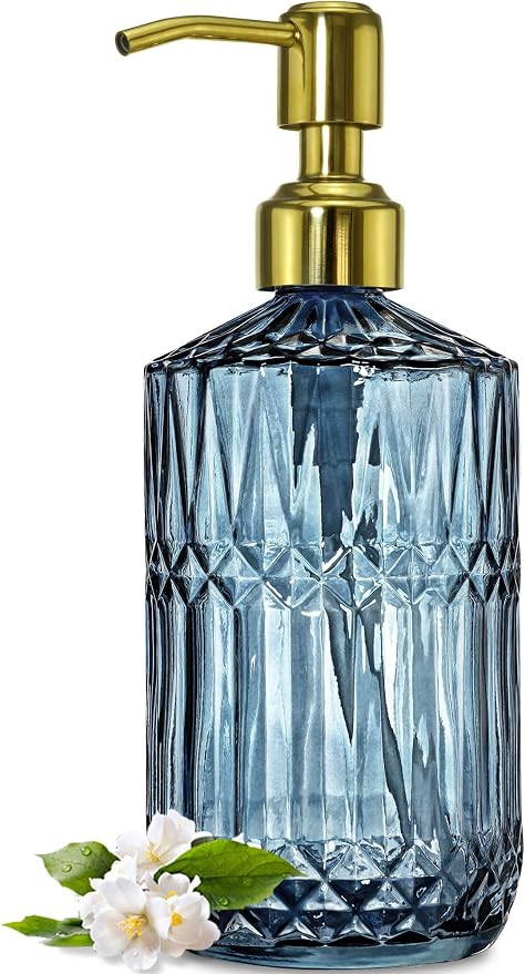 JASAI 18Oz Blue Glass Soap Dispenser with Golden Pump for Dish Soap | Refillable Kitchen Soap Dispenser with Thick Glass & Rust Proof Pump, Bathroom Soap Dispenser for Hand Soap, Liquid Soap.