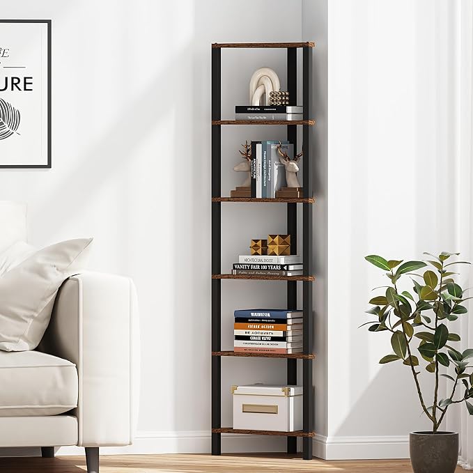TUTOTAK Corner Shelf, 6-Tier Corner Bookshelf for Small Space | Narrow Display Corner Shelf Stand with Storage Rack, for Living Room, Bedroom, Rustic Brown BS05BB006