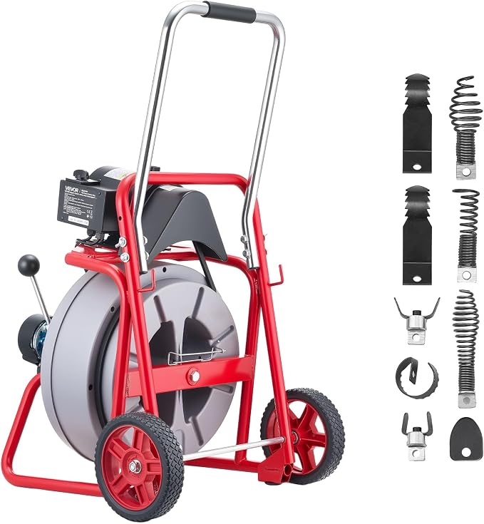 VEVOR Drain Cleaner Machine 100 FT x 1/2 Inch, Auto Feed Sewer Snake Drain Auger on Wheels, Portable Drain Cleaning Machine with 8 Cutters & Air-Activated Foot Switch for 2" to 6" Pipes