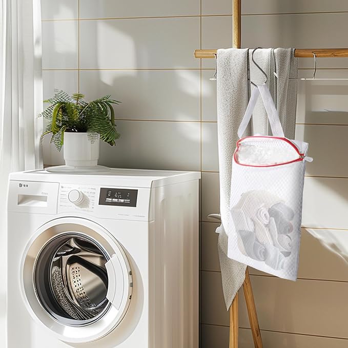 3-Pack Hanging Mesh Laundry Bags with S Hooks, 12x10 Inch | Durable mesh, rustproof S hooks. 3 colors. For socks, delicates, toys, balls. Machine wash. Travel, dorms, sports.