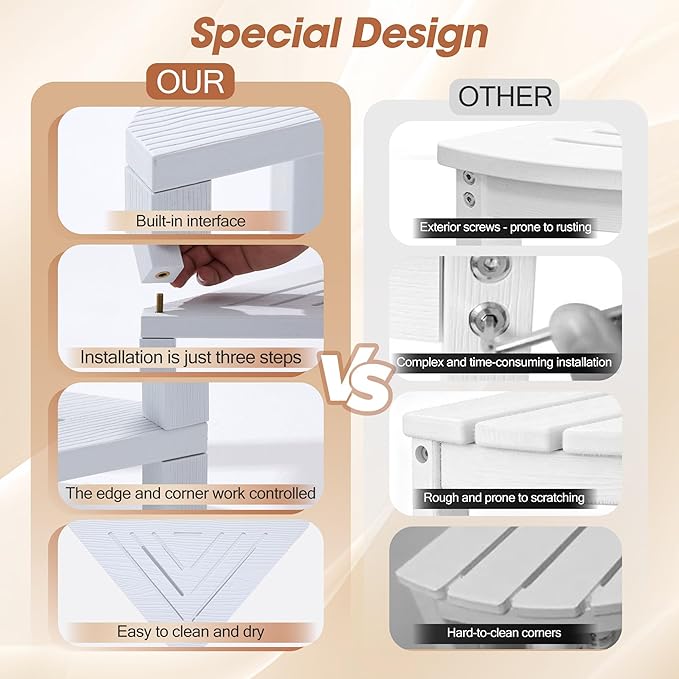 Corner Shower Stool with Storage Shelf, HDPS Waterproof Shower Foot Rest for Shaving Legs, 2-Tier Triangle Bathroom Stool for Inside Shower, Non-Slip Small Shower Bench, White