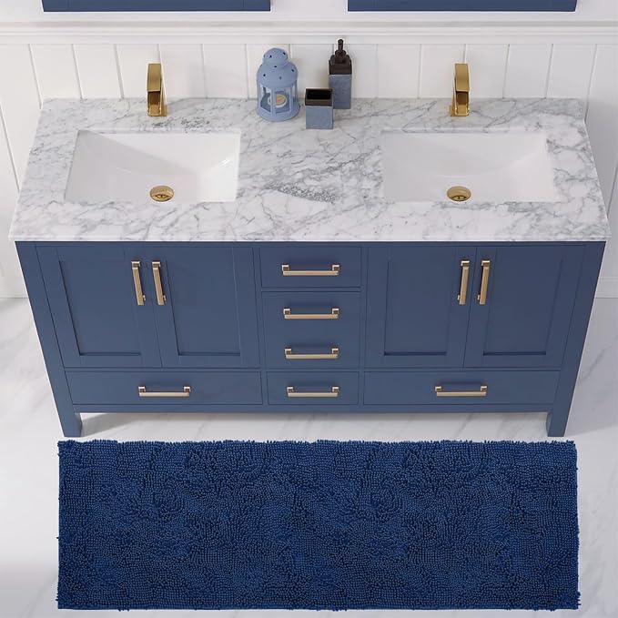 LuxUrux Plush Chenille Runner Rug – Ultra-Soft, Absorbent & Non-Slip Bath Mat for Bathroom, Hallway & More, Machine Washable (27 x 47 inches, Blue)
