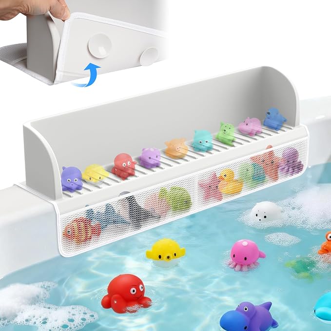 Splash Guard for Bathtub,Kids Bath Toy Tray Caddy Holder, Silicone, Gray | Bath Toy Storage Bag,Guard for Bathtub with Mesh Bathtub Toy Storage,Super Adsorption - Extended Design for Splash Protection