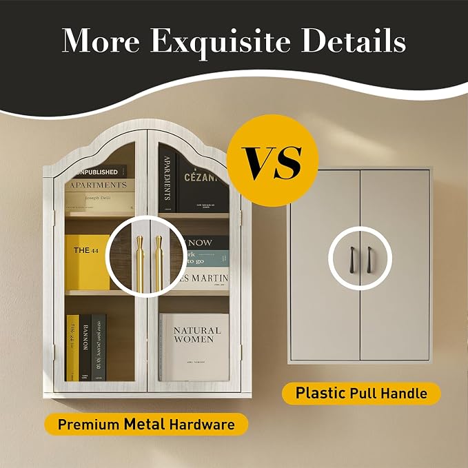 Arched Bathroom Wall Cabinet with Glass Doors, 31.5×23.6" Wall Mounted Display Cabinet with Adjustable Shelves, Hanging Storage Cabinet for Kitchen, Living Room