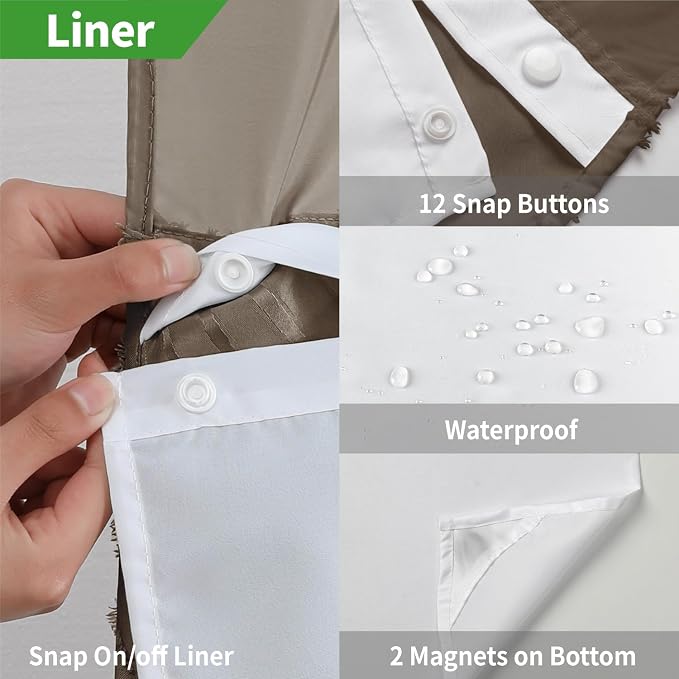 eachope no Hook Shower Curtain and Liner Set，Boho Style with See Through Top Window, Brown Fabric Tufted Striped Textured Outer Curtain & Waterproof Inner Liner, Brown, 71Wx80H