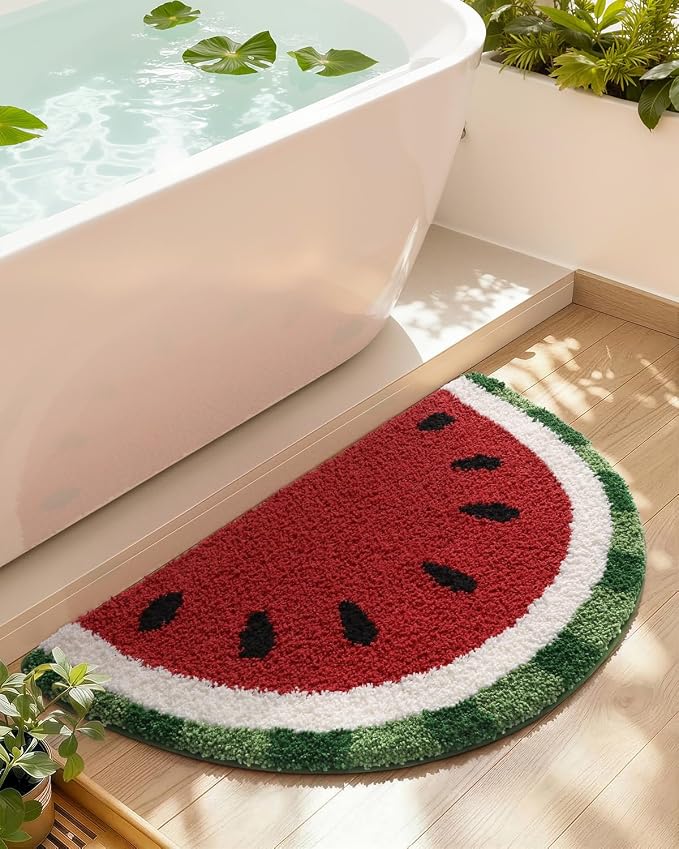 DEXI Cute Watermelon Bath Mat, Half Round Fruit Bathroom Rugs 36x20 | Soft and Absorbent Microfiber, Non Slip, Machine Washable Bathmat for Shower Floor, Bedroom, Kids Room, Home Decor