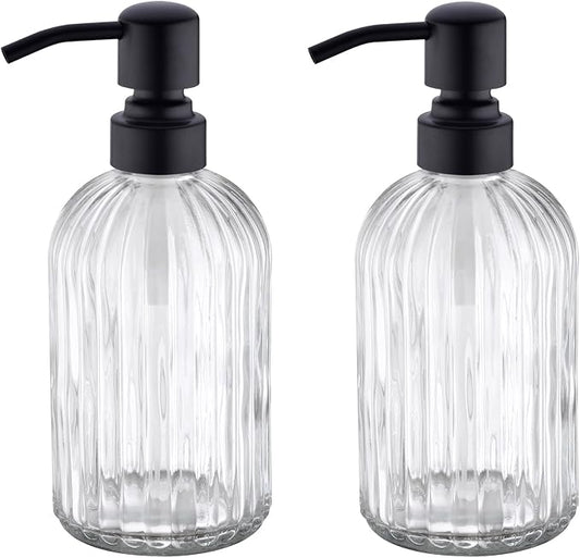 Matte Black Dish Kitchen Soap Dispenser, Bathroom Liquid Soap Dispenser with Rustproof Stainless Steel Pump, 16 Oz Glass Bottle,2 Packs