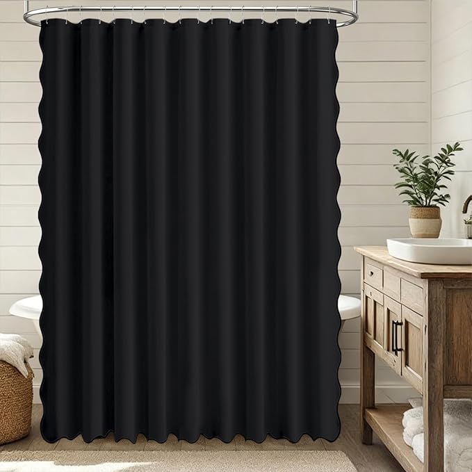 108x72 Boho Scalloped Linen Textured Cloth Shower Curtain Set, Black | Extra Wide Size, 230GSM Waterproof Polyester, Heavy Duty Fabric, 18 Plastic Hooks, Modern Farmhouse Style, Machine Washable