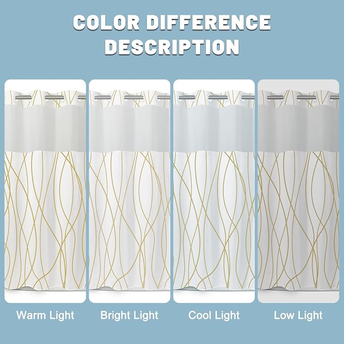 Gold White No Hook Shower Curtain with Liner, 71 x 74 Inch | Stripe Pattern,Waterproof,Quick Dry,Mesh Top Window,Bottom Magnets,Hotel Style,Machine Washable,Modern,for Bathroom