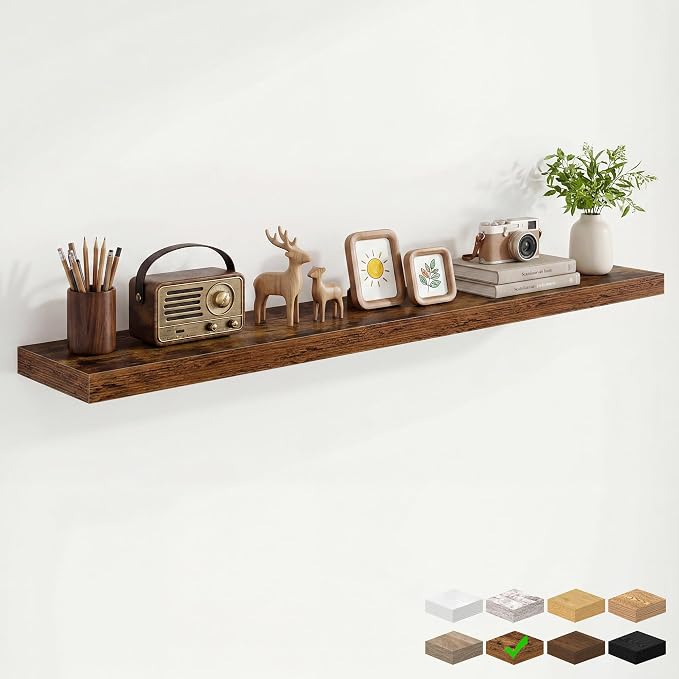 9.25in Depth 55in Floating Shelves, 55x9.25x1.4, Rustic Brown, Set of 1 | Long Wall Mounted Engineered Wood Shelves with Invisible Brackets for Living Room, Bedroom, Bathroom, Kitchen