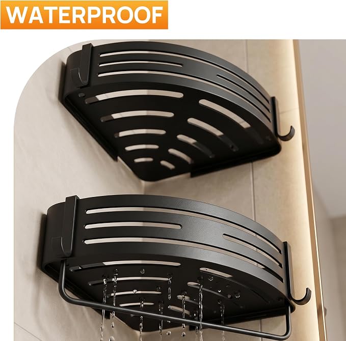Black Adhesive Triangle Shower Caddy with Towel Bar, Soap Dish and Hooks | No-drill black triangle shower basket with towel bar, soap dish and hooks for smooth tile, glass and stainless steel walls
