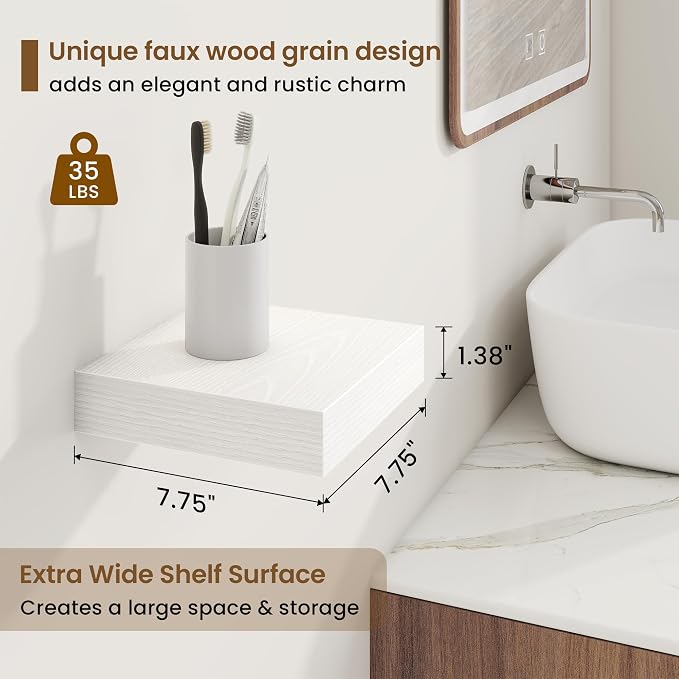 Marsmiles 8in Depth Floating Shelves, 8x8x1.4, White, Set of 3 | Small Wall Mounted Square Shelves, Engineered Wood, Invisible Brackets, Living Room, Bedroom, Bathroom, Kitchen Decor