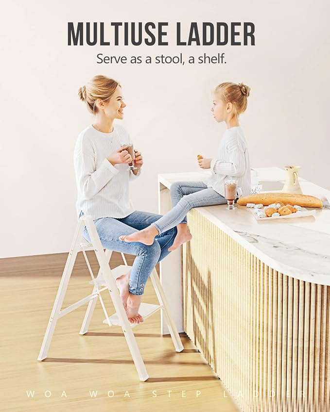 3 Step Foldable Step Stool, 300lbs Load, White | Folded 35''H x 2''T; Net 8 lbs; Non-Slip Feet: Wood/Tile/Carpet; Rigid Aluminum Steps; No Assembly; Ready From Box.