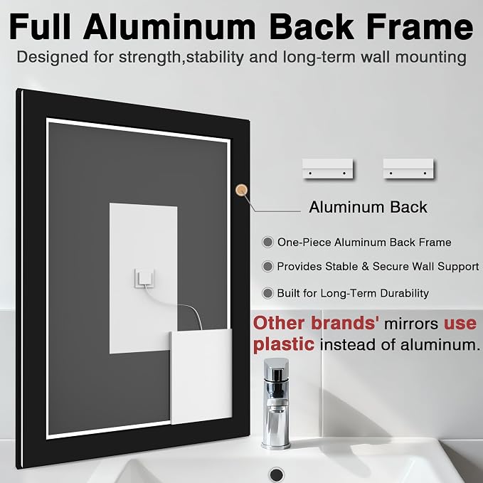 EchosLife 60x36 LED Mirror for Bathroom - Black Aluminum Framed | Black Frame, Front and Backlit, Anti-Fog, Stepless Dimmable, 3 Colors, Memory, Tempered Glass, UL Listed, Horizontal/Vertical