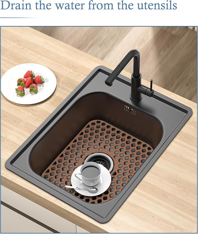 Silicone Sink Protector Kitchen Sink Mat 2 Pack 13.58"x 11.6" Coffee | Heat-resistant Non-Slip and Durable Silicone Protectors Mat, Center Drain