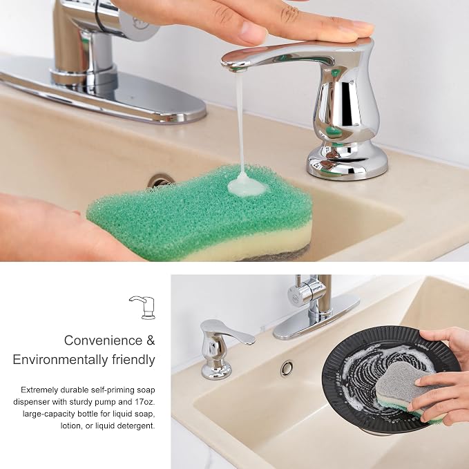 Kitchen Sink Soap Dispenser with 17 OZ Bottle - Chrome | Built in Soap Dispenser, Liquid Dispenser for Kitchen Sink, Refill from The Top, G086C