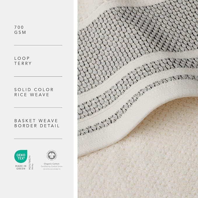 Texere 100% Organic Cotton Rice Weave Jacquard 700 GSM Luxury Bath Towel Set - 2 Hand Towels, 2 Washcloths (Rice Weave, Cream w/Blk, 2 Hand & 2 Wash Towels)