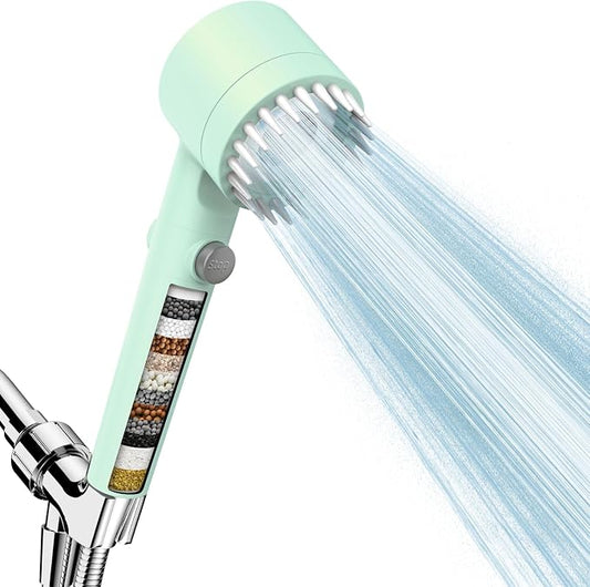 Filtered Shower Head with Handheld, High Pressure Water Flow and Multiple Spray Modes Shower Head with Filter, Power Wash for Hard Water, Showerhead with ON/OFF Switch for Pets Bath (Green) | ON/OFF Switch,4 Spray,Built-in Power Wash,Detachable Showerh...