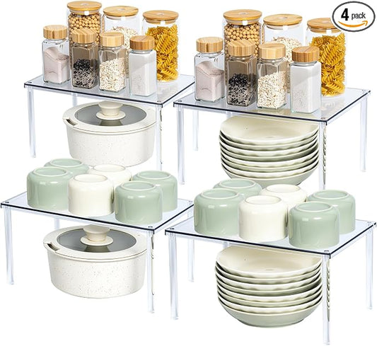 Acrylic Cabinet Organizer Set of 4, Stackable Spice Rack for Kitchen | Clear Shelf Organizer for Pantry, Cabinets, Countertops and Desks, Stackable Design Perfect for Spices and Small Items