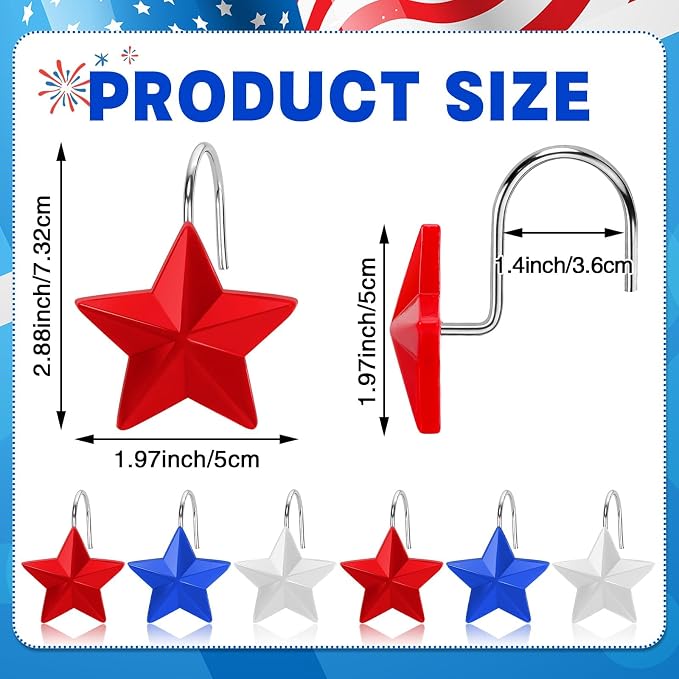 12 Pack Star Shower Curtain Hooks Patriotic Red White Blue Hangers | Resin and Rustproof Stainless Steel, Glide Smoothly Without Scratching Rods, Glitter Star Patriotic Festive Decor