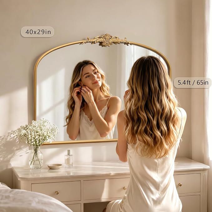 Besdomus Vintage Arched Gold Mirror: 40"x29" Large Arch Antique Decorative | French Baroque Metal Framed Mirrors - Traditional Ornate for Entryway/Bedroom/Fireplace/Bathroom - Ideal for Home Renovations