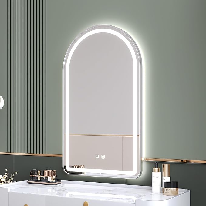 Arched Bathroom Mirror 30"x40", Silver, LED Tempered Glass | arch led bathroom mirror silver wall mounted vanity lighted tempered glass dimmable anti fog metal frame