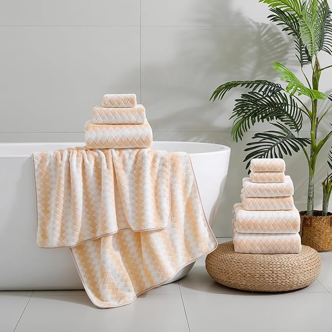 12 Pcs Yellow White Diamond Towel Set-4 Bath Towels,4 Hand Towels,4 Washcloths Soft Polyester Bath Sheet with Loop Absorbent Shower Towel Quick Dry Beach Chair Towel Family Towels for Bathroom Spa Gym