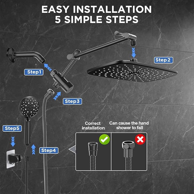 Veken 11.8" High Pressure Shower Head with Handheld, Metal Core Fittings | Handheld Shower Heads with Multi Spray Modes, Rainfall Combo, Detachable Dual Shower, Bathroom Decor, Leak-Proof, Matte Black