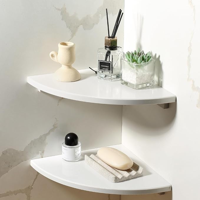 2Pcs Marble Corner Shower Caddies Shelves for Bathroom | 10'' White Marble Corner Shelves for Bath, Wall Mounted Stone Corner Shower Caddy, No Drilling Adhesive Shower Shelf