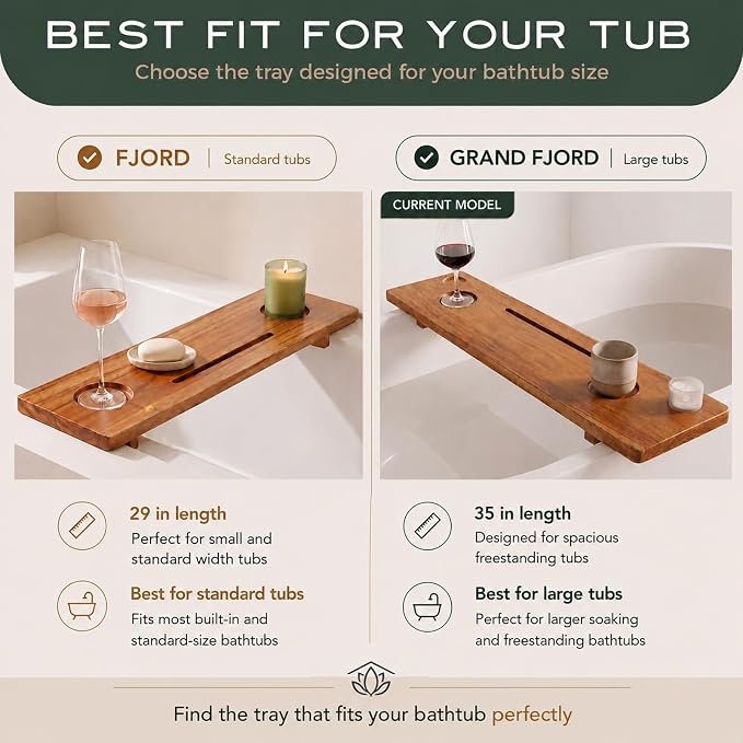 Grand Fjord 35" Luxury Teak Bathtub Tray for Large Tubs | Bath tub tray wood for freestanding tubs, bathtub trays for tub, bath tray for tub, bath table tray, soaking, home spa