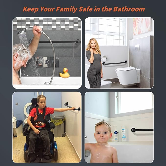Black Safety Bar 24 Inch, Shower Grab Bar for Senior | Anti-Slip Knurled Grip, 1.25" Diameter, Stainless Steel Bathroom Handrail for Elderly, Handicap Support Bars, Wall Mounted